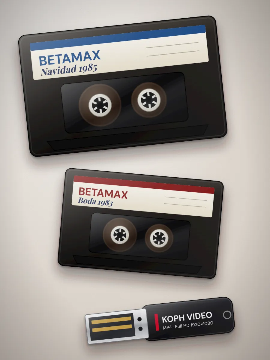 Cassettes Betamax y memoria USB con el video digitalizado en MP4