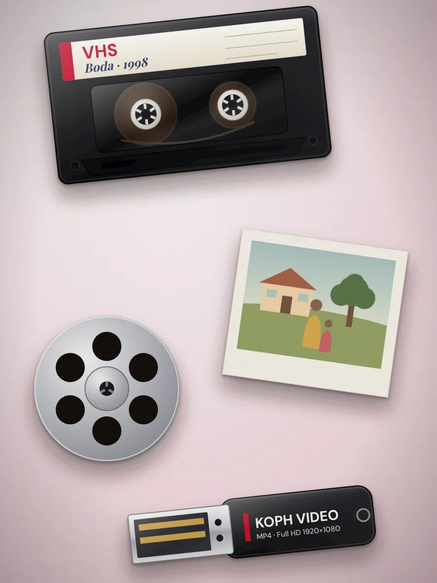Cinta VHS, carrete de película, fotografía impresa y memoria USB para digitalizar