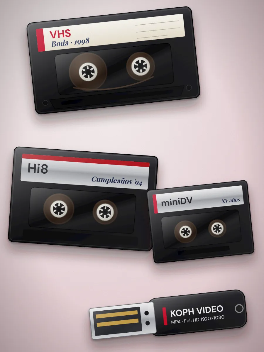 Cintas VHS, Hi8 y miniDV junto a una memoria USB con el video ya digitalizado en MP4