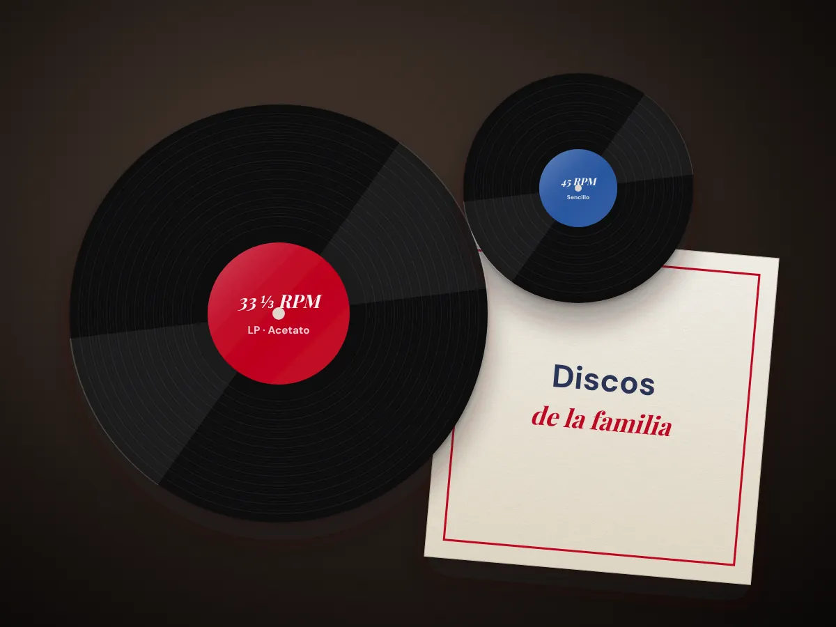 Discos de vinilo LP de 33 RPM y sencillo de 45 RPM con su funda