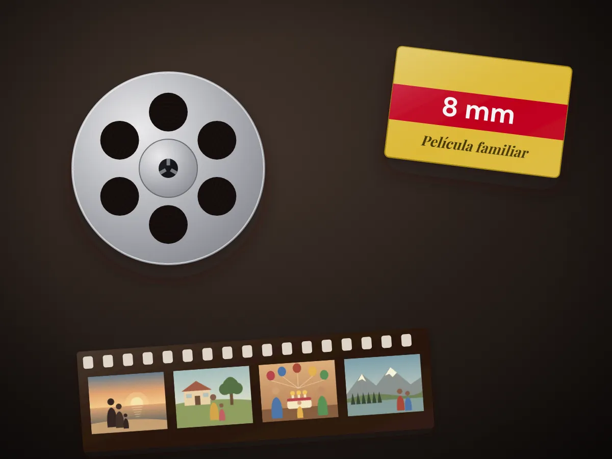 Carrete y caja de película 8mm con tira de fotogramas