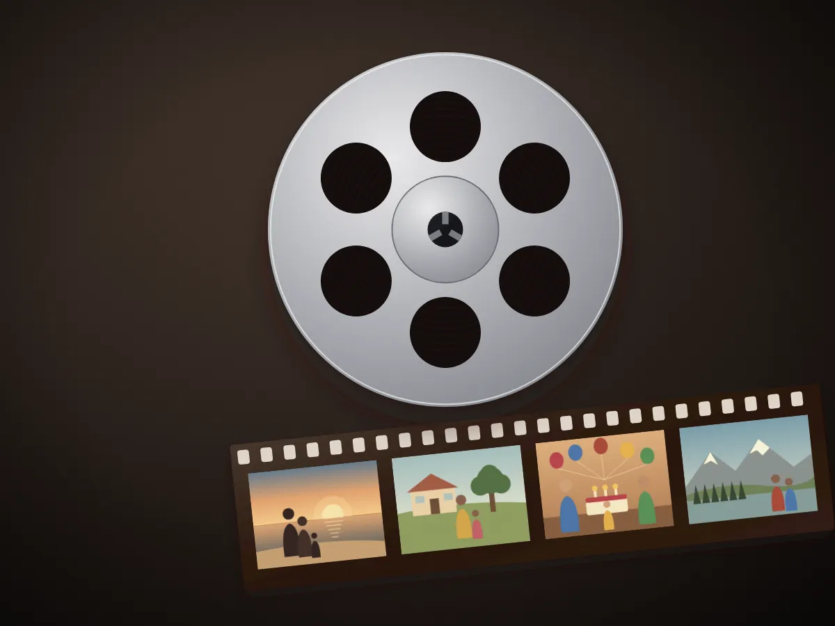Carrete de película Súper 8 y fotogramas de cine familiar